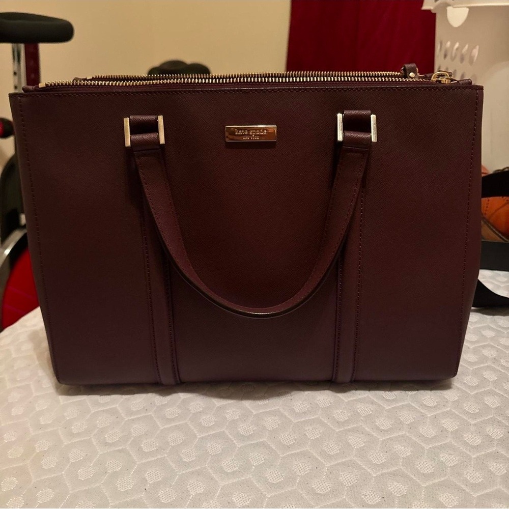 Kate Spade New York Burgundy Saffiano Leather Triple Compartment Satchel Bag